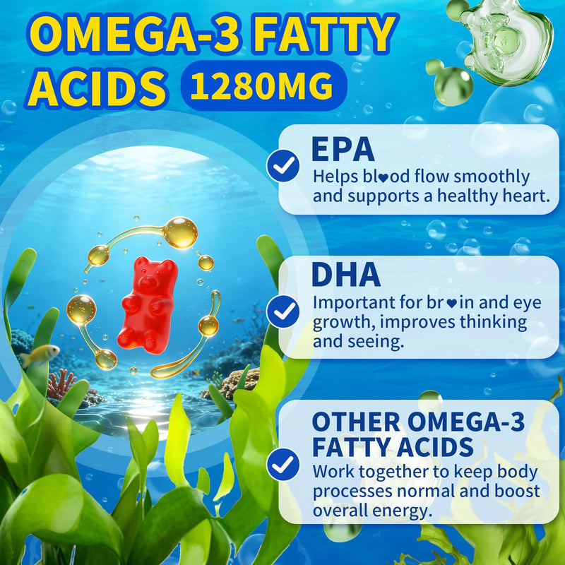 Vegan Omega-3 Gummies 1280mg, Omega 3 Fish Oil Alternative for Adults w/EPA 400mg & DHA 600mg & Vitamin A, C, E Supports Brain, Eye & Immune Health, Sugar Free, Raspberry Flavor, 120 Count 120 Count (Pack of 1)