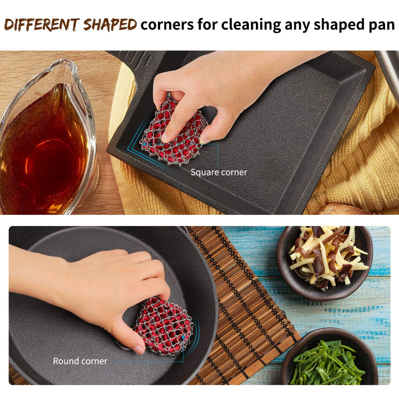 [Australia] - Herda Cast Iron Scrubber Scraper Tool Kit, 4Pieces Cast Iron Skillet Cleaner Cleaning Care Kit 316 Chain Mail Scrubber, Steel Skillet Brush Plastic Pan Scraper Set for Grill Griddle Pot Dish Food Red 4Pieces kit 