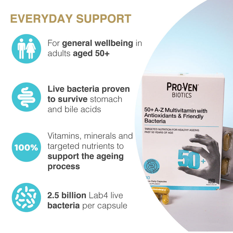 Pro-Ven Probiotics for Adults Age 50+ | Gut Health & Immune System Support | 2.5 Billion CFU Friendly Bacteria & Multivitamin Supplement | 30 Capsules