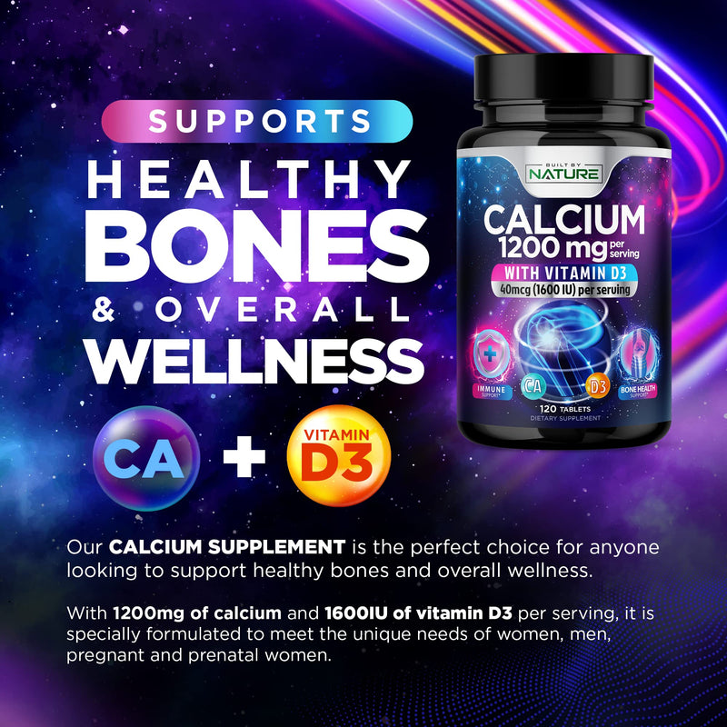 Calcium 1200mg with Vitamin D3 for Best Absorption - Advanced Bone Support Supplement, 1200 mg Calcium Carbonate & 1600 IU Vitamin D3, Slow Release for Immune Support, Easy to Swallow, 120 Tablets 120 Count (Pack of 1)