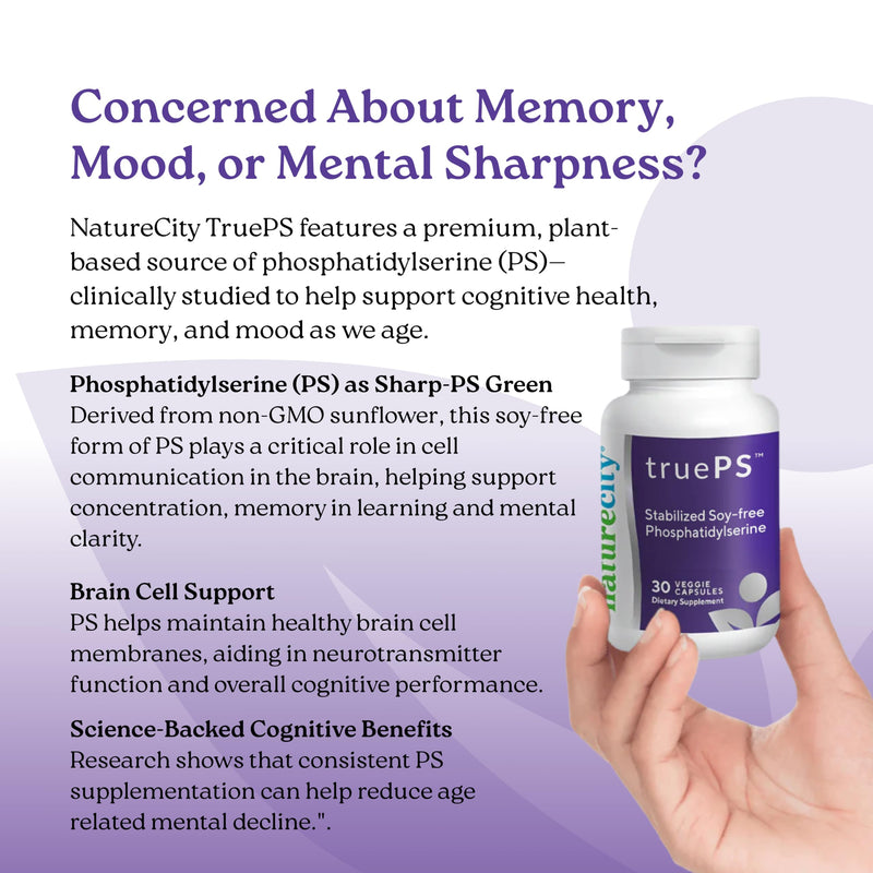 NatureCity True-PS Soy Free Stabilized Phosphatidylserine 100mg Brain Supplements for Memory and Focus - Memory Pills for Brain - Brain Health Supplements for Adults (30 SoftGels)