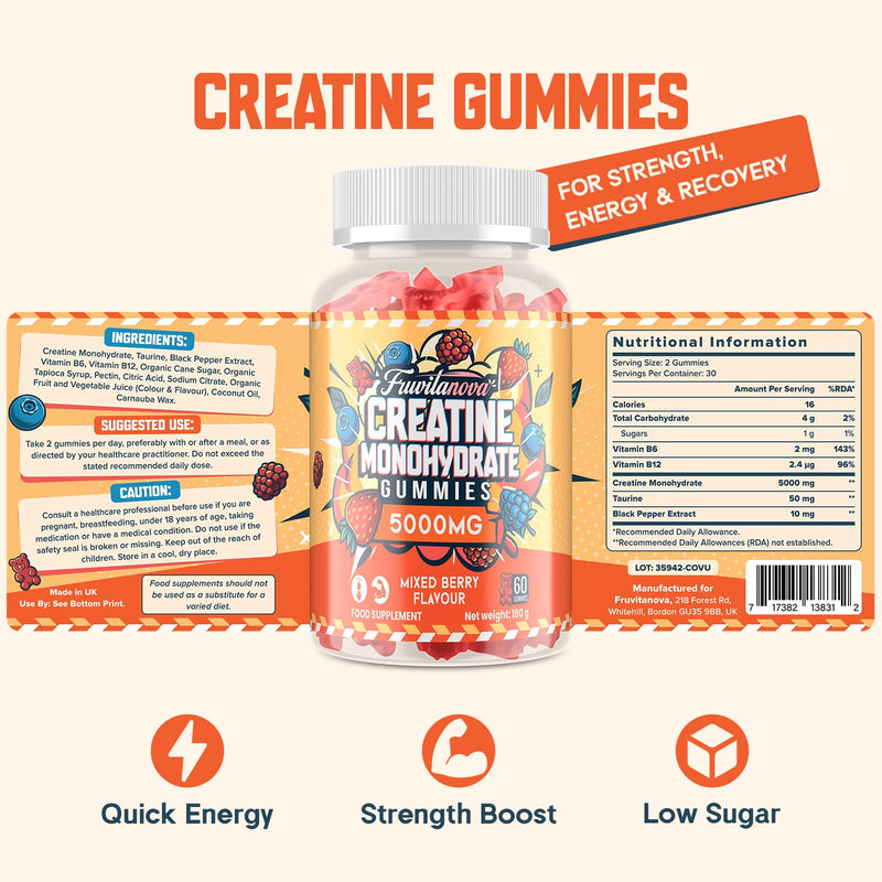 Creatine Monohydrate Gummies - 5000mg per Serving, Fruit Flavor Soft Chews with Taurine & Black Pepper for Muscle & Strength, 60 Count (60 Count (Pack of 1)) 60 count (Pack of 1)