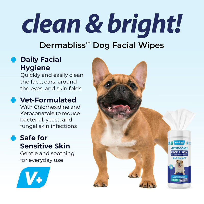 Vetnique Dermabliss Dog Face Wipes - Medicated Chlorhexidine Wipes for Dogs with Wrinkles, French Bulldog, English Bulldog Dog Grooming Wipes Cleaning & Deodorizing Dog Wipes 60ct - PawsPlanet Australia