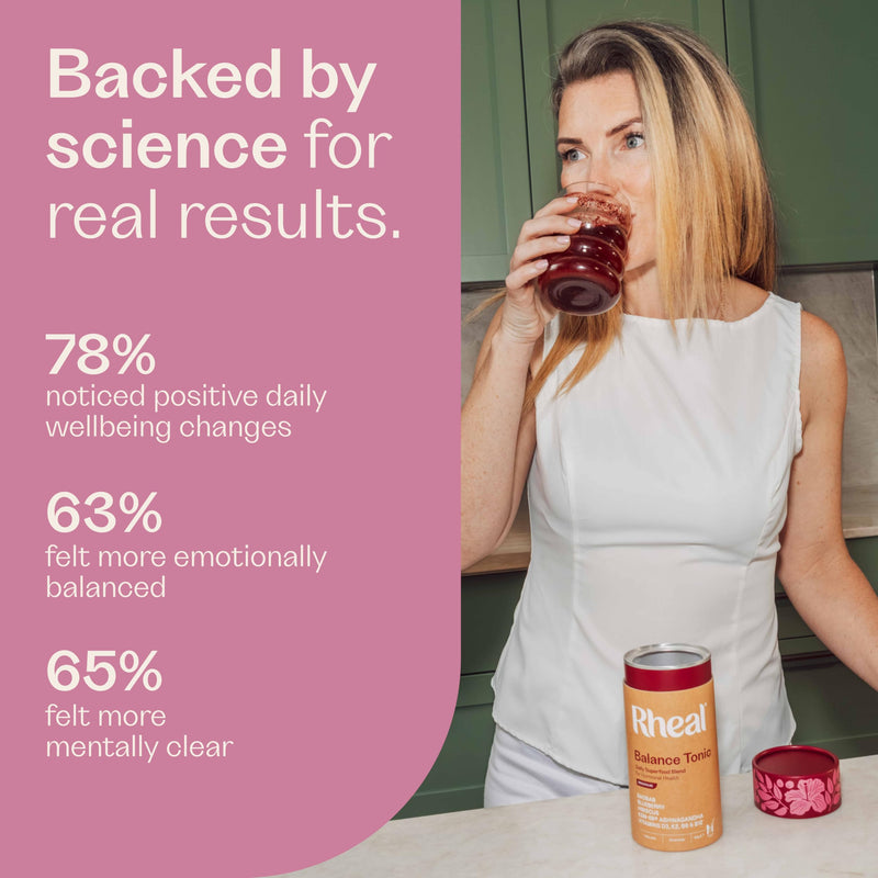 Rheal Balance Tonic – Menopause 150g – Organic Female Health Blend with Ashwagandha, Maca & Vitamins B6, B12, K2, D – Supports Mood, Stress & Hormonal Balance – Gluten-Free, Vegan. 30 Servings