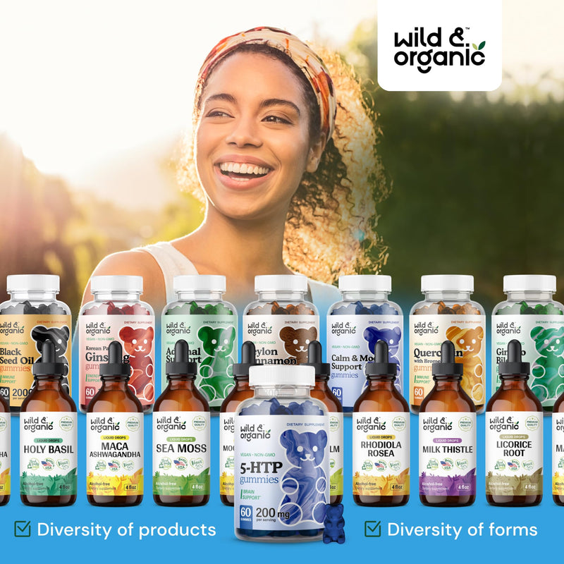 [Australia] - Wild & Organic 5-HTP 200mg Mood Gummies - L-Tryptophan for Relaxation and Natural Calm - 5 HTP Supplement for Brain Support - 60 Vegan, Non-GMO 5HTP Gummies 