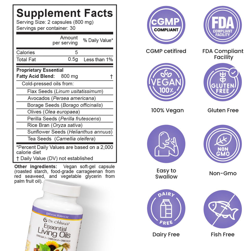 Dr Ohhira's Essential Living Oils, Triple Omega 3-6-9 Supplements, 60 Caps | Vegan Omega 3 6 9 supplements - Supports Skin & Heart - Includes Flaxseed & Borage Oil - Fish Oil Alternative - Non-GMO