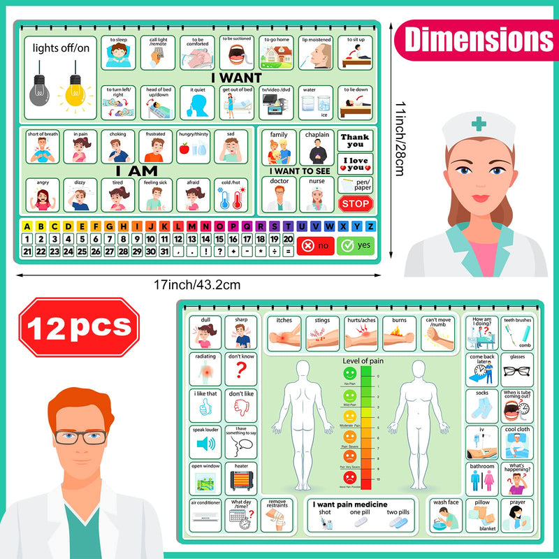 12 Pcs Nonverbal Communication Board, 16.73 x 11.22'' Patient Communication Board Picture Symbol Communication Cards Non Verbal Communication Tools for Adults Kids Speech and Communication Aids