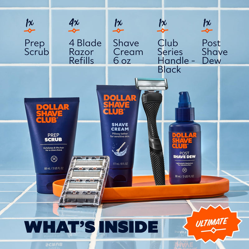 [Australia] - Dollar Shave Club Ultimate Set | 4 Swift Rinse Refill Cartridges, 1 Handle, 1 Prep Scrub 3 oz, 1 Shave Cream 6 oz, 1 Post Shave Dew 3.4 oz 5 Count (Pack of 1) Silver 