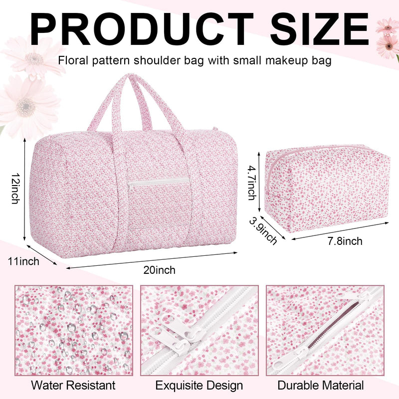 2 Pack Floral Travel Duffel Bag Large Quilted Travel Duffle Bag and Floral Makeup Pouch Portable Gym Lightweight Weekender Organizer with Zipper Pockets Grocery Pouch for Women(Pink) Pink