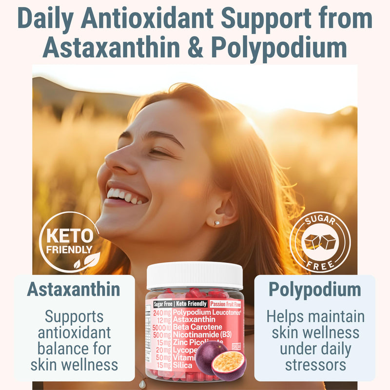 SHIZAM Astaxanthin Polypodium Leucotomos Zinc Picolinate Lycopene Vitamin E B3 Nicotinamide Silica Gummies