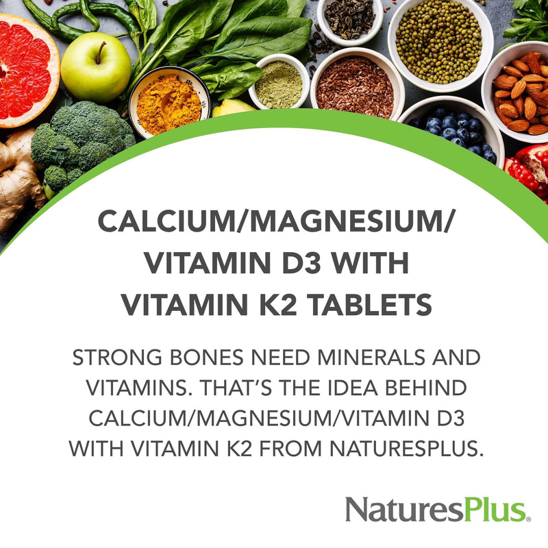 NaturesPlus Calcium, Magnesium, VIT D3 with K2 - Bone Supplement with Calcium, Magnesium, Vitamin D3 and K2 - Vegan, Gluten Free - 90 Tablets 90 count (Pack of 1)