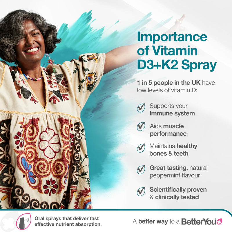BetterYou Vitamin D3 K2 Oral Spray, Fast Acting Vitamin D 4000 IU + Vitamin K2 (MK7) Supplement, Supports Bones, Teeth, Immune System & Blood Clotting, 1-Month Supply, Natural Peppermint Flavour 15 ml (Pack of 1)