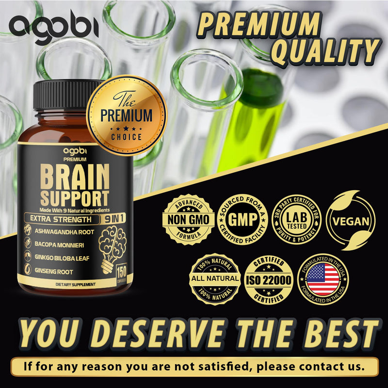 [Australia] - agobi 9in1 Brain Support Supplement - Blended with Ashwagandha, Panax Ginseng, Gotu Kola, Ginkgo Biloba, Black Pepper & More - Accuracy, Focus, Memory & Energy Booster - 150 Capsules for 5 Months 