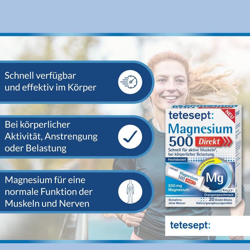 [Australia] - tetesept Magnesium 500 Direct - dietary supplement with magnesium powder to be taken without water - quick for active muscles - 1 x 20 direct sticks 2 g (pack of 20) 