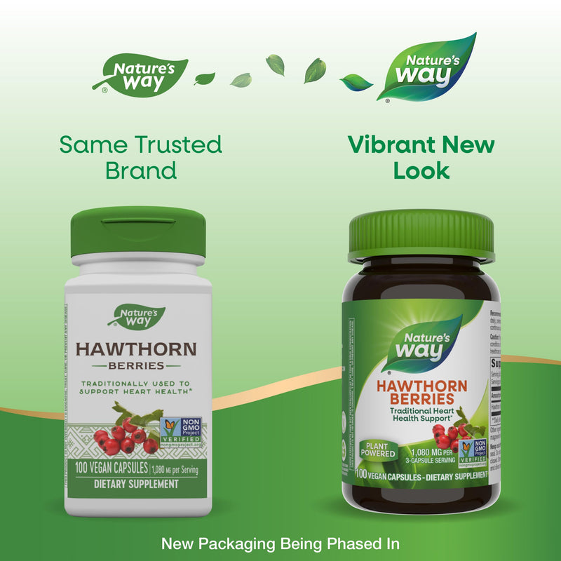 Nature's Way Herbal Hawthorn Berries, Traditional Heart Health Support*, 100 Vegan Capsules (Packaging May Vary) (Pack of 2) 100 Count (Pack of 2)