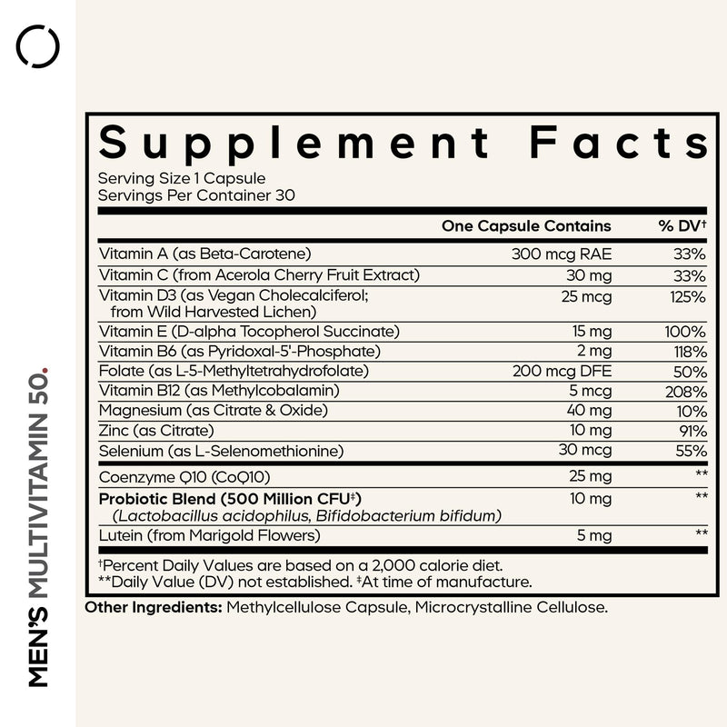 Codeage Men's Multivitamin 50+, CoQ10, Probiotics, Lutein, 30 Capsules | Men's multivitamin for 50+, vitamins A, C, D3, E, B6, B12, CoQ10, probiotics, lutein. One capsule daily. Non-GMO.