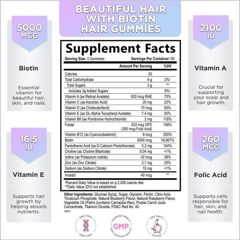[Australia] - Hello Lovely! Hair Vitamins Gummies with Biotin 5000 mcg Vitamin E & C Support Hair Growth, Premium Vegetarian Non-GMO, for Stronger Beautiful Hair, Skin & Nails Supplement - 120 Gummy Bears 120 Count (Pack of 1) 