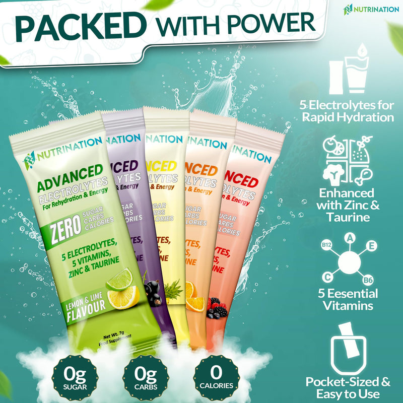 Advanced Electrolytes Sachets – High Strength Hydration Sachets with 5 Electrolytes, 5 Essential Vitamins & 500mg Taurine for Energy Support – Zero Sugar, Zero Calories – Variety Pack of 30 30 Sachets