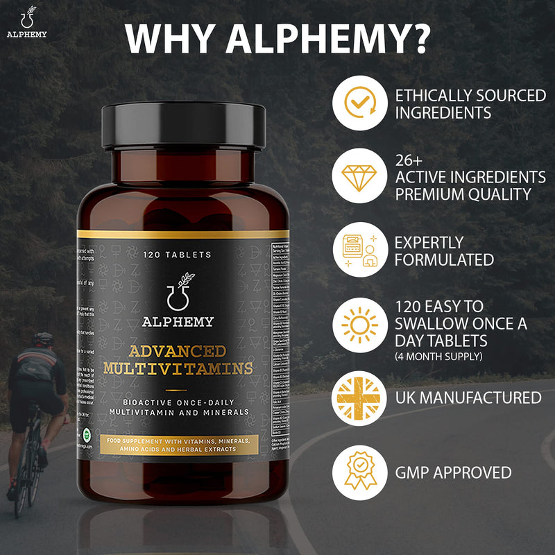 Advanced Multivitamin & Minerals | 120 Tablets / 4 Month Supply | 26 A-Z High Strength Bioactive Vitamins, Minerals, Antioxidants & Herbal Extracts. Daily Supplement for Men & Women. UK Made Alphemy