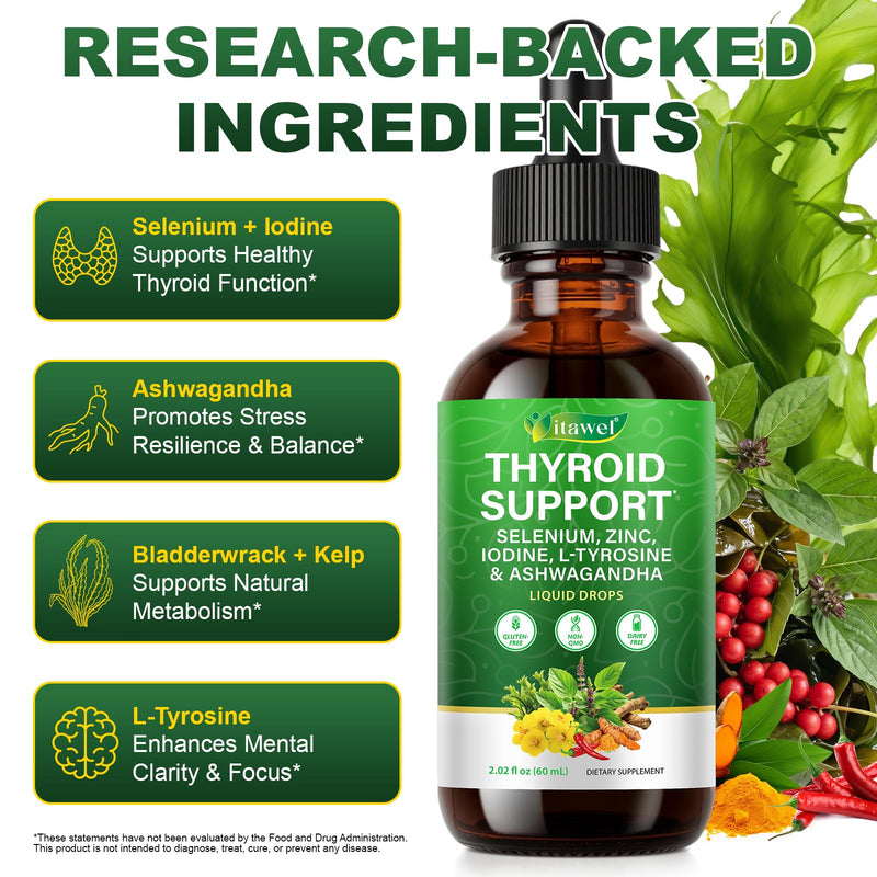 Thyroid Support Liquid Drops 60ml – Selenium, Zinc, Iodine, L-Tyrosine & Ashwagandha for Hormonal Balance, Metabolism & Thyroid Health Support