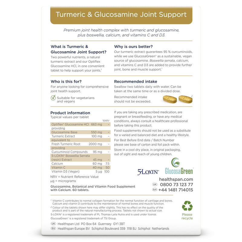Healthspan Turmeric & Glucosamine Joint Support | 60 Tablets | Joint & Bone Health | Added Vitamin C, Vitamin D3 & Calcium | 30mg Boswellia Serrata Extract | Sustainably Source | Vegan