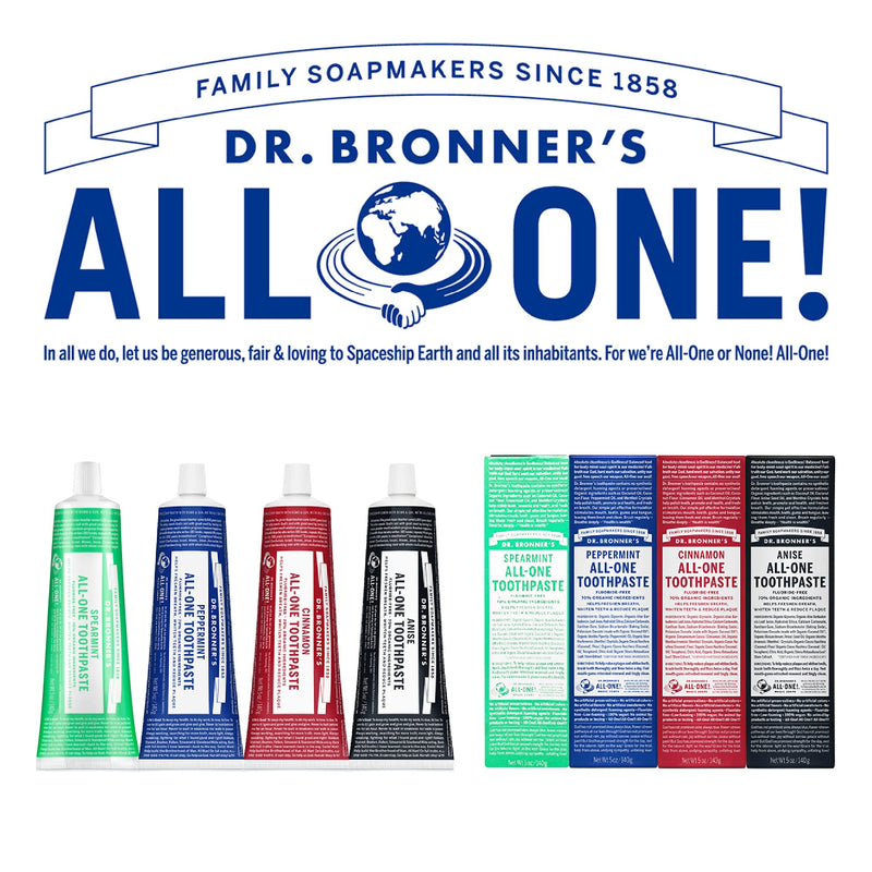[Australia] - Dr. Bronner’s - All-One Toothpaste Variety Pack - Peppermint & Spearmint, 70% Organic Ingredients, Fluoride-Free, Helps Freshen Breath, Vegan (5oz, 4-Pack) 5 Ounce (Pack of 4) 
