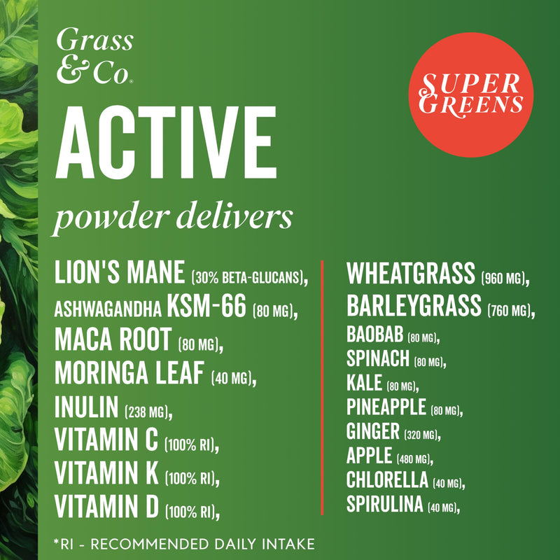 Grass & Co. Active Super Greens | Vegan Daily Greens Powder | 120g | Supports Energy, Digestion & Immunity | with Lion’s Mane, Moringa & Vitamins C, K2 & D3 | Apple & Ginger Flavour | 30 Day Supply Powder | 30 Servings