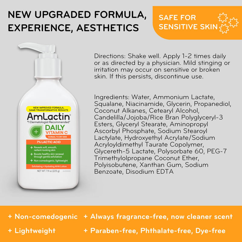 AmLactin Daily Vitamin C Lotion, 7% Lactic Acid, Dry Skin, 7.9 oz | Vitamin C plus 7% lactic acid body lotion brightens, exfoliates and moisturizes dry skin for smoother-looking tone. 7.9 Fl Oz (Pack of 1)