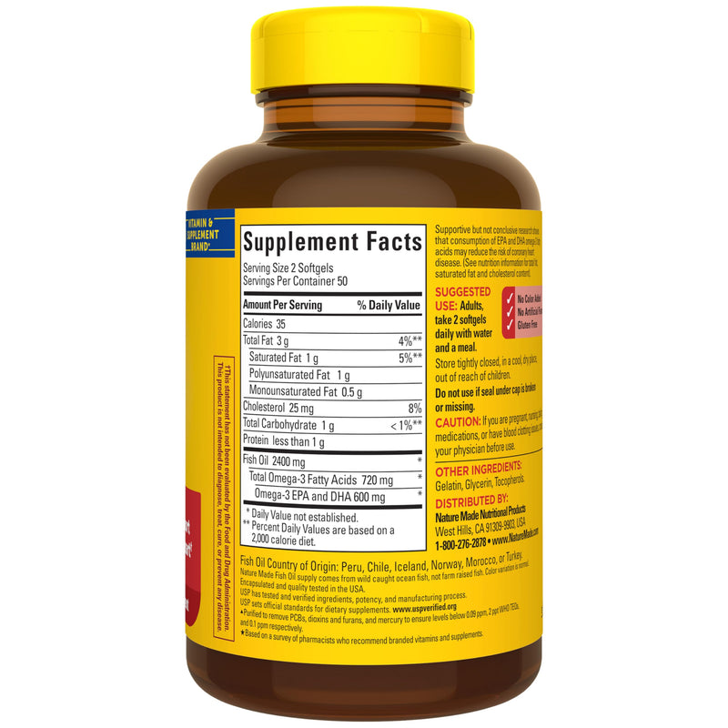 Nature Made Fish Oil Omega 3 Supplements, 1200mg Softgels, 100 Softgels | Omega 3 Fish Oil for Healthy Heart Support, Gluten Free, Dairy Free, 50 Day Supply 100 Count (Pack of 1)