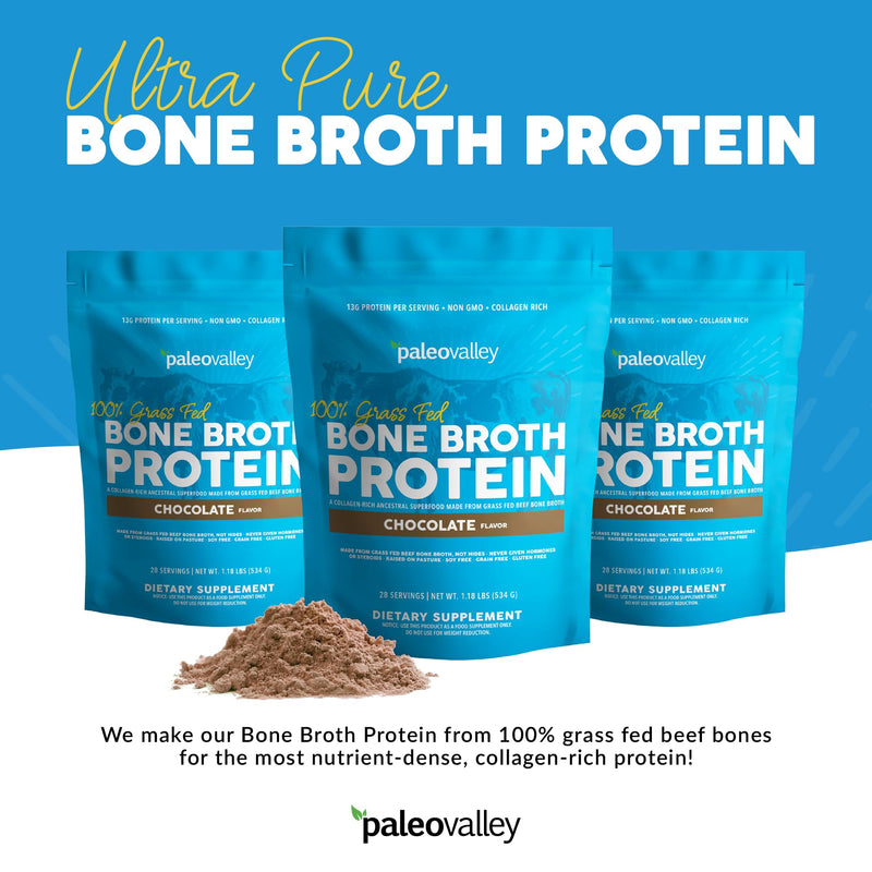 [Australia] - Paleovalley 100% Grass Fed Beef Bone Broth Protein Powder - Rich in Collagen Peptides for Hair, Skin, Gut Health, Bone and Joint Support - 15g Protein Per Serving - No Gluten or GMOs - Chocolate 1.18 Pound (Pack of 1) 