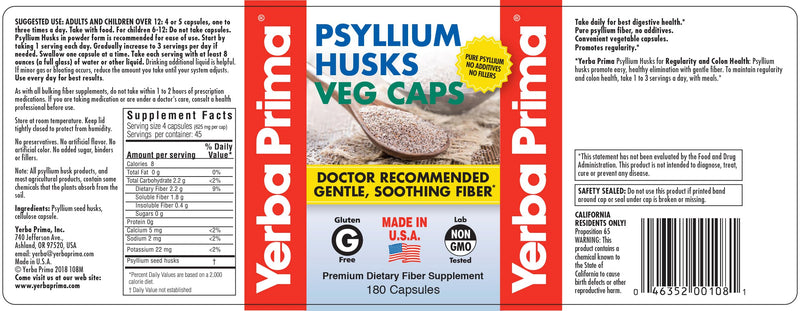 [Australia] - Yerba Prima Psyllium Husks, 180 Veg Capsules (625mg) - Vegan, Non-GMO, Gluten Free, Colon Cleanser, Daily Fiber Supplement for Gut Health & Regularity 180 Count (Pack of 1) 