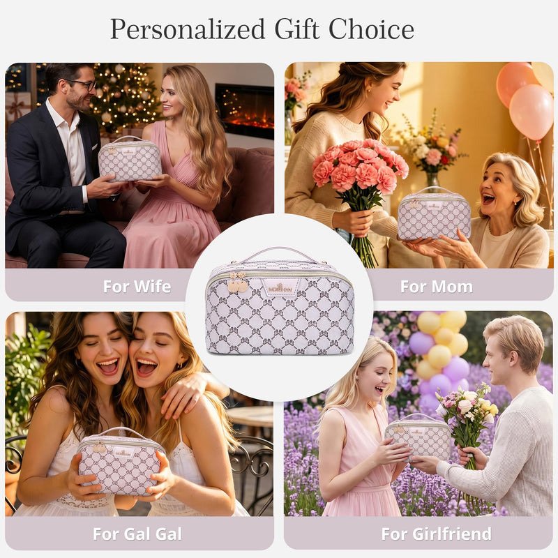 Travel Makeup Bags for Women: 3 Pcs Set Luxury Bow Print Make up Bag - Large Capacity Cute Cosmetic Case - 3–15 Day Travel Toiletry Organizer Bag, Comes with An Gift Box(Moon mist gray) 07 Moon mist gray