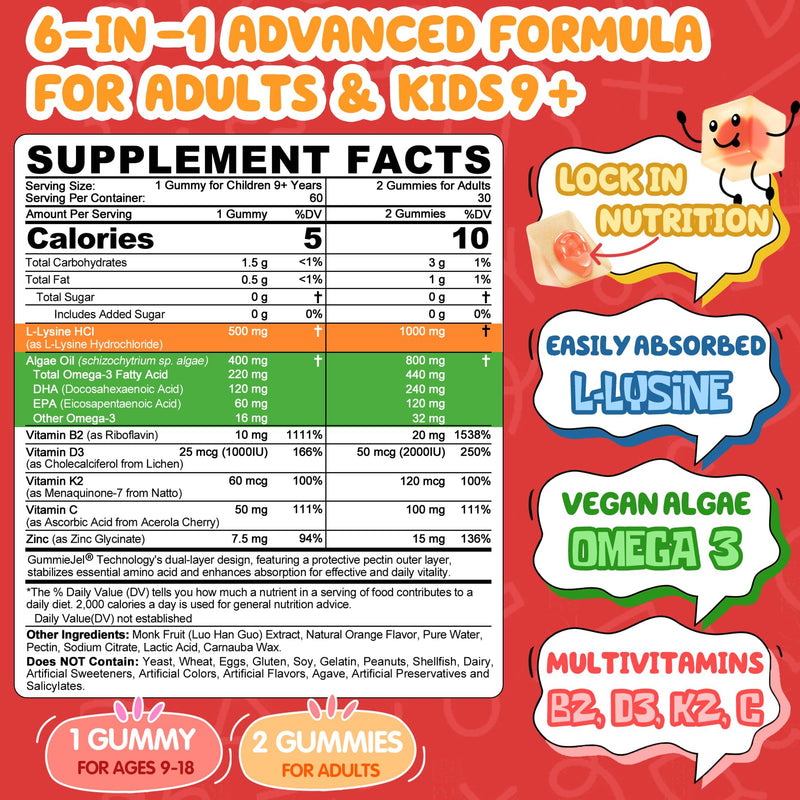 [Australia] - L-Lysine Gummies 500/1000mg with Algae Omega 3, Vitamin B2, D3, K2, C for Kids 9+, Teen & Adult, Lysine Supplement Support Immune, Lip & Oral, Collagen Production, Brain, Bone Health, Sugar Free 1Pack 