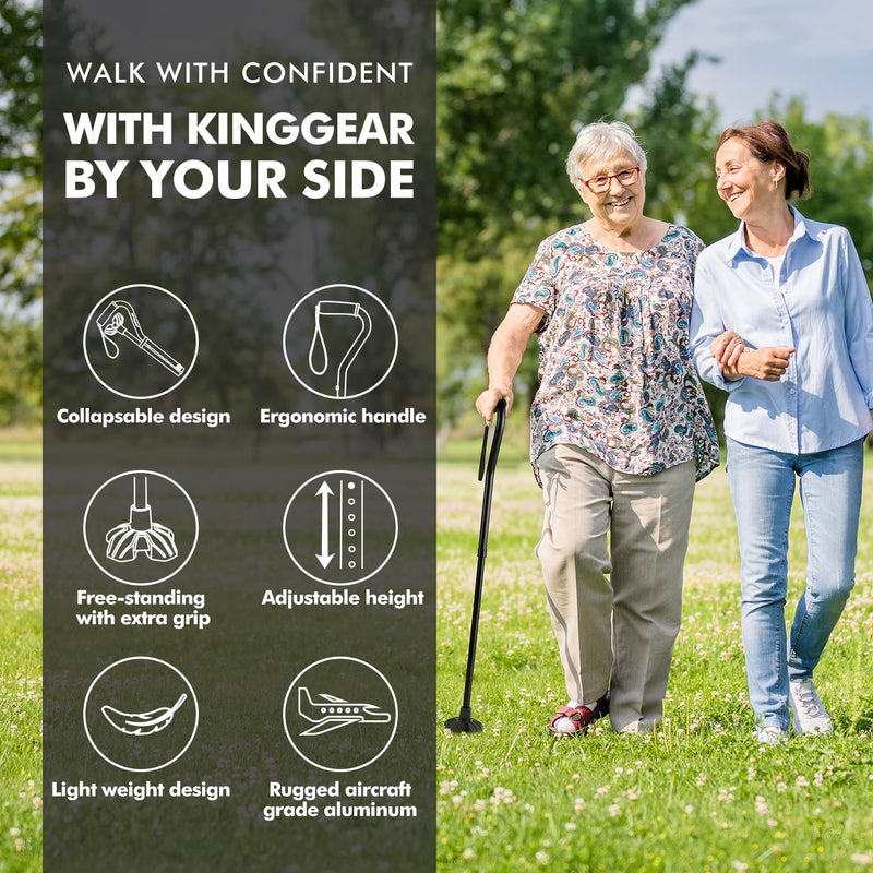 [Australia] - KINGGEAR F1 Walking Stick, Walking Cane for Women & Men, Self Standing Walkers for Seniors with Wrist Strap, Lightweight & Sturdy Offset EVA Handle and Large Quad Base Black 