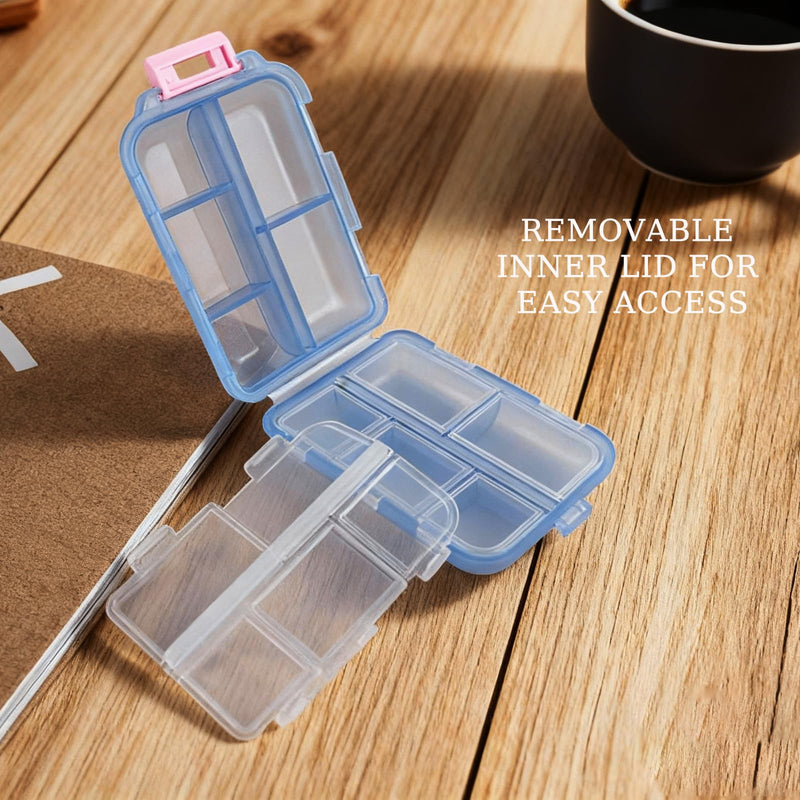 4Pack Travel Pill Organizer - 10 Compartments Pill Case with 64 Stickers, Pill Organizer 2 Times A Day, 20 Days Portable Compartments for Vitamins, Fish Oils, Supplements(Blue) Blue 4PC