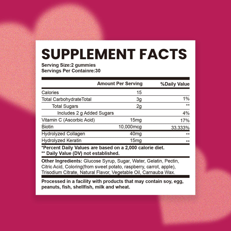 Biotin 10000mcg Keratin Collagen Gummies Hair Nail Vegan Raspberry 60 Count | For Women, Vegan, Vitamin C, Hair Nail Growth & Strengthener, Daily Supplements 60 Count (Pack of 1)