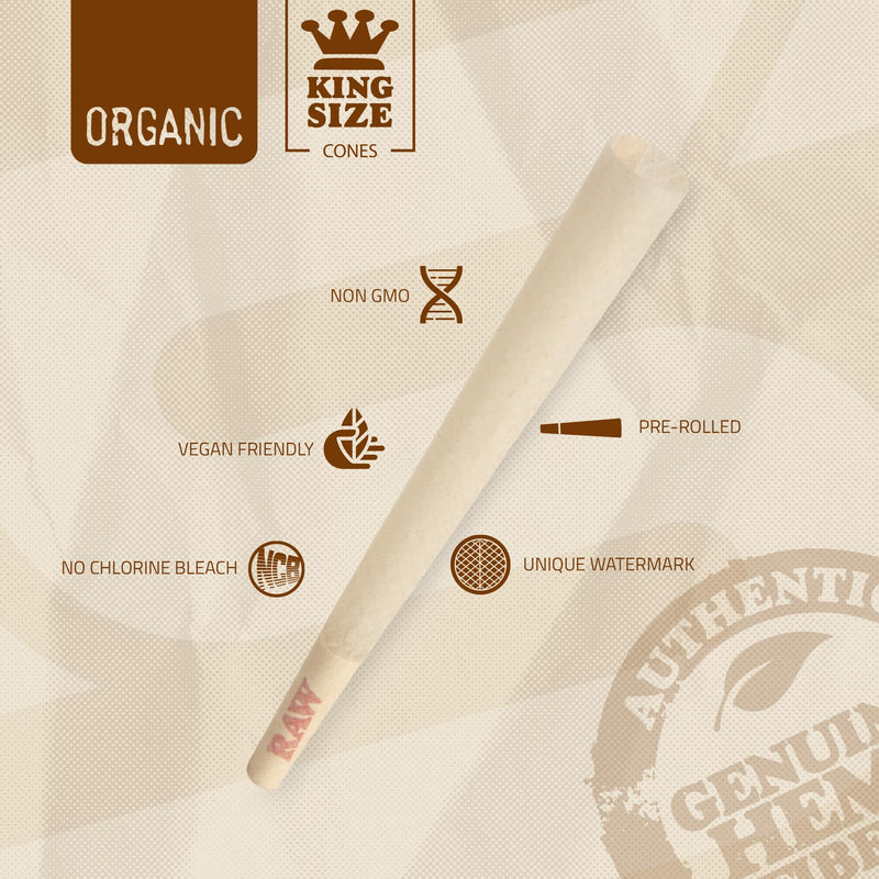 [Australia] - RAW Cones Organic King Size | 100 Pack | Pre Rolled Papers with Tips Included 