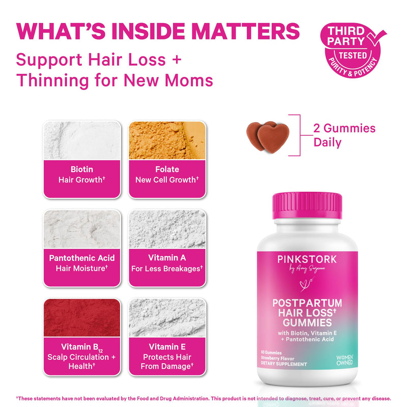 Pink Stork Postpartum Hair Loss Gummies, 60 Count | Biotin, Pantothenic Acid, Vitamin E, B6, B12, Breastfeeding-Friendly, Hair Growth + Regrowth Support