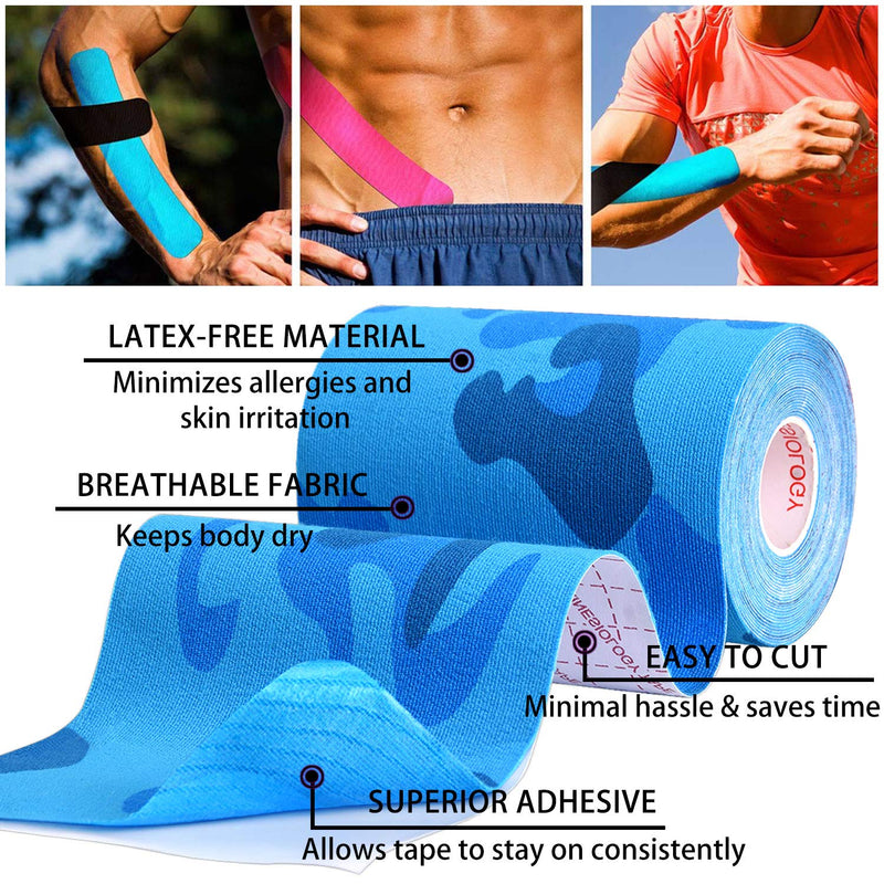 [Australia] - 3 Rolls Kinesiology Tape, Waterproof Elastic Kinesiology Athletic Tape Supports & Protects Muscles, Knees, Shoulders & Plantar Fasciitis, Latex Free Cotton Tape Hypoallergenic - Blue Camo 4in 5.5yd 