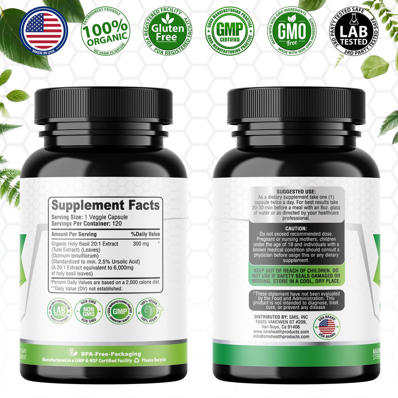 [Australia] - Organic Holy Basil 20:1 Extract, Max Potency, 2.5% Ursolic Acid, 120 Vegan Capsules, 4-Month Supply, Concentrated & Standardized 20X Tulsi Extract, 100% Certified Organic, Non-GMO 