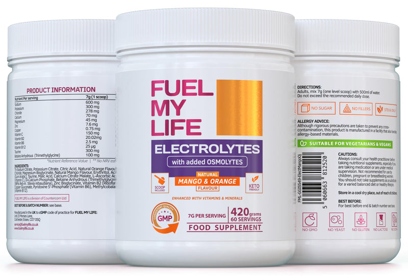 Electrolyte Powder with Osmolytes - Natural Mango & Orange Flavour - 420g (60 Servings) - Sugar-Free with Vitamins & Minerals - Vegan - UK Made