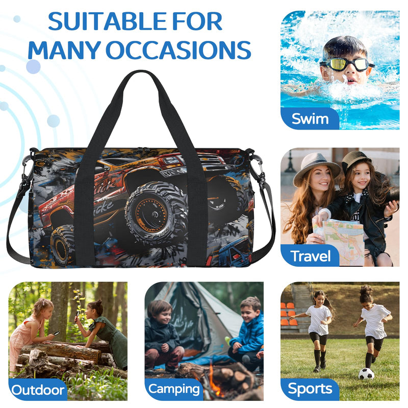 Sports Duffle Bag, Small Gym Bags With Zipper, Ballet Dance Bag for Girls, Workout Soccer Bags for Boys Weekend Overnight Shoulder Carry-On Travel Tote (Trucks)