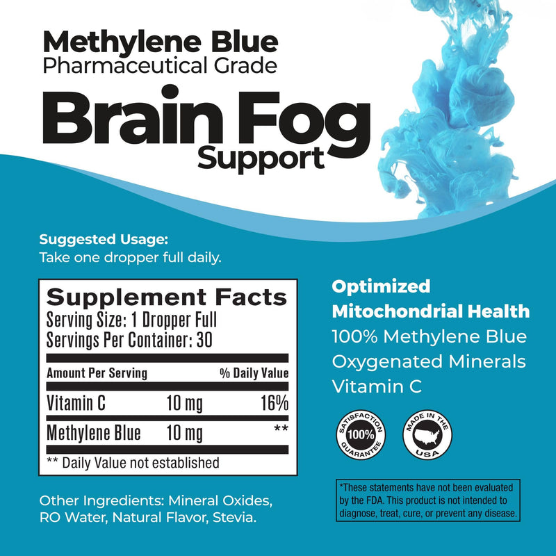 Methylene Blue Pharmaceutical Grade, USP Grade, Third-Party Tested with Vitamin C - Memory Booster - Improves Cognitive Function and Focus - Clear Thoughts and Reduced Fog - Liquid Supplement