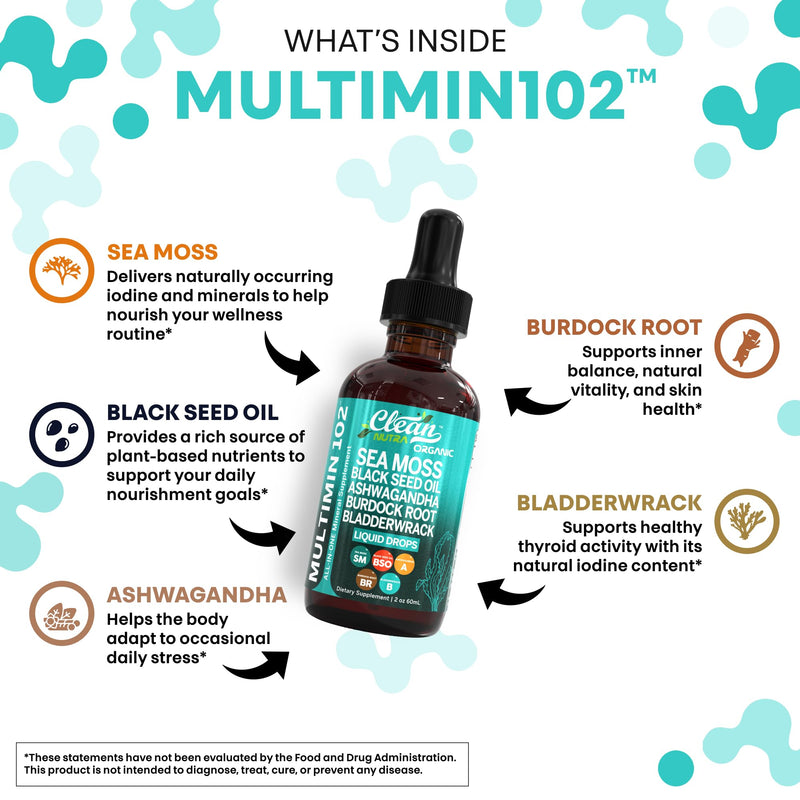 [Australia] - Clean Nutraceuticals Sea Moss Drops Supplement Liquid with Black Seed Oil Ashwagandha Burdock Root & Bladderwrack - Multimineral Organic Non-GMO Vegan for Gut Heath Skin Immune Support Hair (2) 2 