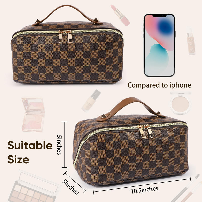 Leather Travel Makeup Bag, Large Capacity Cosmetic Bag for Women, Waterproof Portable Pouch with Divider, Toiletry Organizer with Handle, 10.5x5x5 Inches, Deep Brown