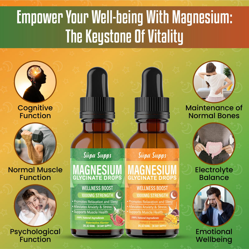 Magnesium Glycinate 120ml- Watermelon + Mango & Passion Fruit Flavour | Supa Supps Magnesium Glycinate 3-in-1 Complex | Fast Absorption, Premium Pure Formula, Easy-to-Take Supplement for Daily Balance 60 ml (Pack of 2)