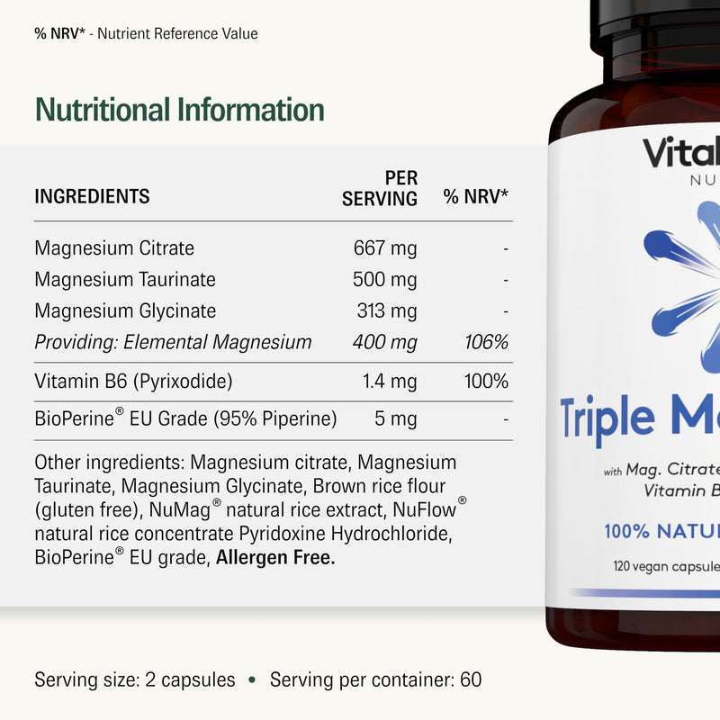 Magnesium Supplement - Citrate + Glycinate + Taurate with Vitamin B6 and BioPerine - 2 Capsules - UK Made 120 count (Pack of 1)