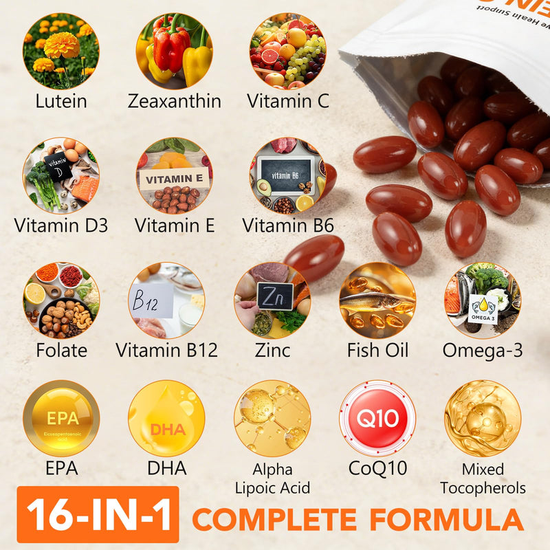 Premium Lutein 40mg with Zeaxanthin 8mg Softgels, 16-in-1 Eye Vitamins Supplement for Blue Light Protection, Dry Eye Relief, Eye Strain & Macular Health, Non-GMO Gluten Free Soy Free, 120 Softgels