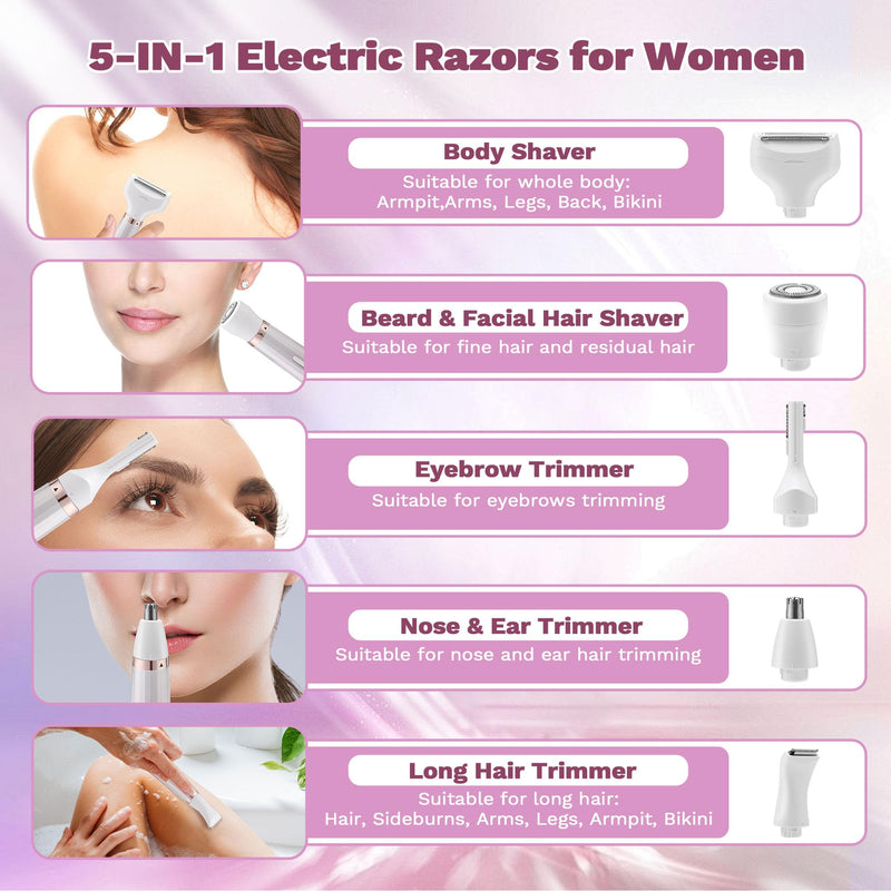 [Australia] - Electric Shavers Razors for Women, 5 in 1 Bikini Trimmer for Women, Wet/Dry Womens Electric Shaver Razor, Face Shaver for Face Nose Eyebrow Arms Armpit Legs Pubic Area, Facial Hair Removal 