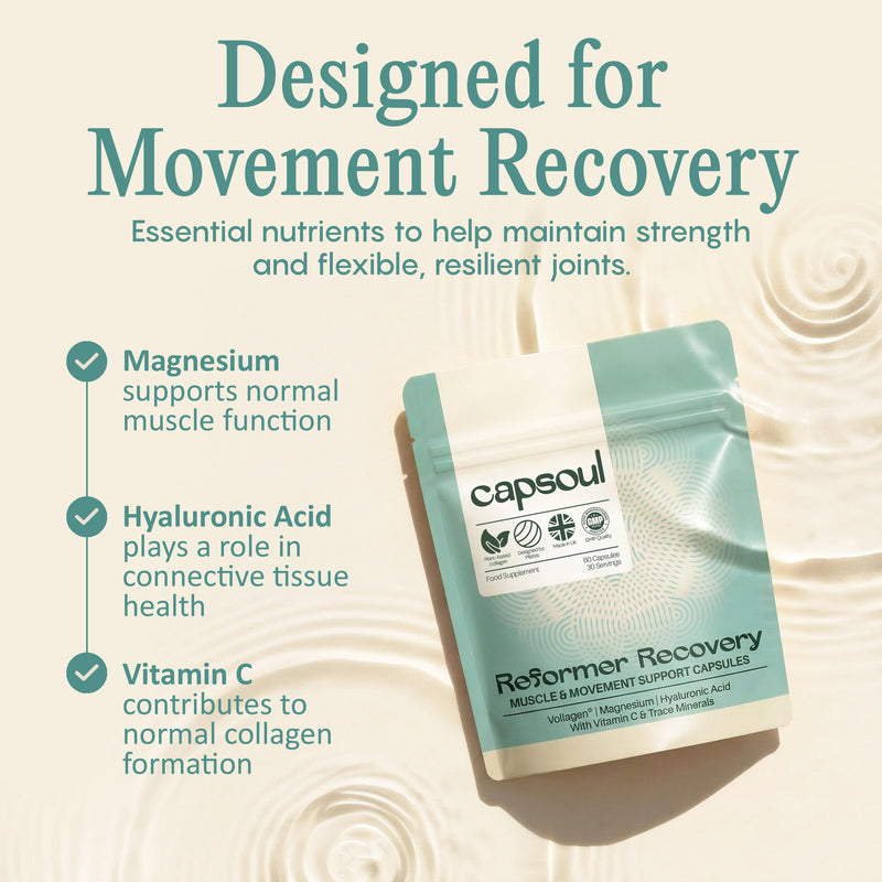 Capsoul Reformer Collagen for Women - Muscle Recovery Supplements with Magnesium, Hyaluronic Acid & Vitamin C - Pilates Movement Formula for Post Workout & Joint Support - 60 Vegan Capsules